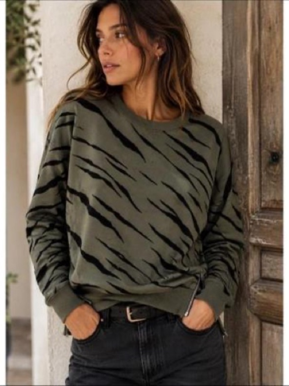 Rails Olive Green Tiger-Stripe Crewneck Sweater